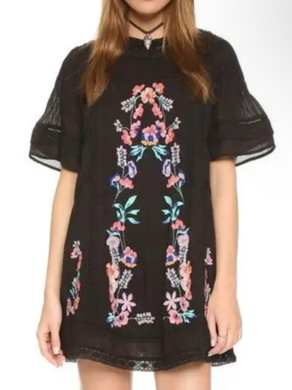 Free People Perfectly Victorian Black Cotton Embroidered Mini Dress Size XS